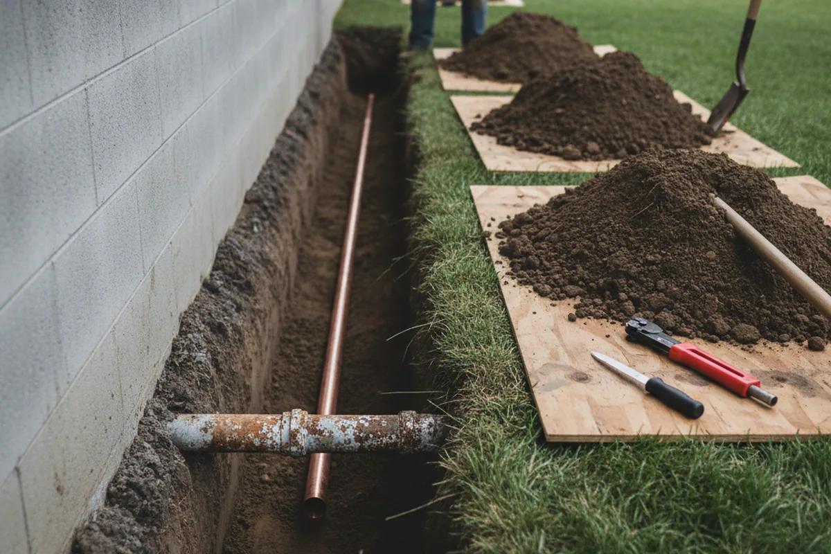 Excavated water line trench during Sewer Line Repair in Bays